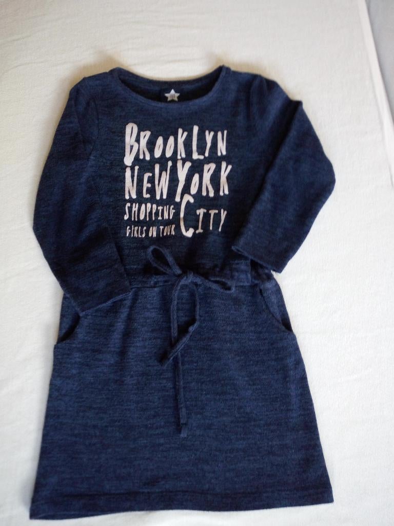 Leuke donker blauwe jurk met roze bont vestje 128 134, Ophalen of Verzenden, Gebruikt, Meisje, Jurk of Rok