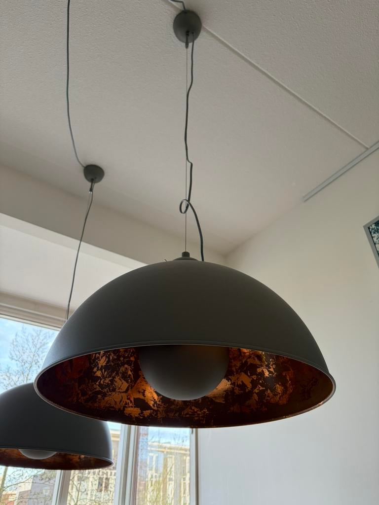 2x industriële hanglamp halve bol, Huis en Inrichting, Lampen | Hanglampen, Ophalen, Zo goed als nieuw, Minder dan 50 cm