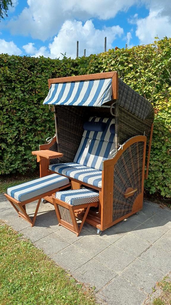 Comfortabele strandkorf/stoel voor 2 pers., model Vlieland, Tuin en Terras, Tuinstoelen, Gebruikt, Wicker, Verstelbaar, Ophalen