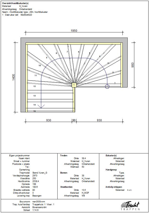 Vuren dubbelkwart trap met uitloop - dubbel geproduceerd, Doe-het-zelf en Verbouw, Ladders en Trappen, Nieuw, Trap, 2 tot 4 meter