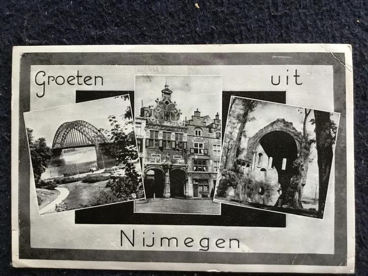 Oude ansichtkaart Groeten uit Nijmegen (1957), Verzamelen, Ansichtkaarten | Nederland, Gelopen, Gelderland, 1940 tot 1960, Ophalen of Verzenden