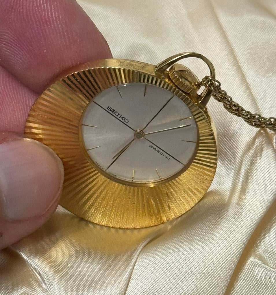1960-1970 horloge Seiko + ketting Bladgoud zakhorloge antiek, Ophalen of Verzenden, Goud, Verguld