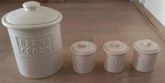 Vintage Broodtrommel en Voorraadpotten Set - Crème Keramiek, Gebruikt, Steen/keramiek, Broodtrommel, Overige merken