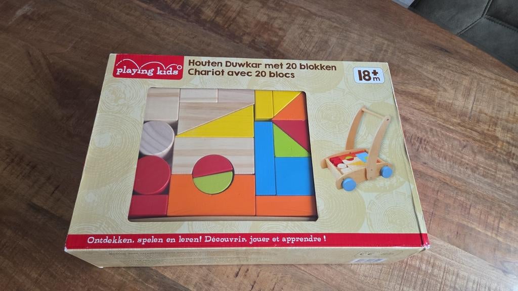 Houten Duwkar met 20 blokken - Playing Kids, Ophalen of Verzenden, Nieuw, Overige merken