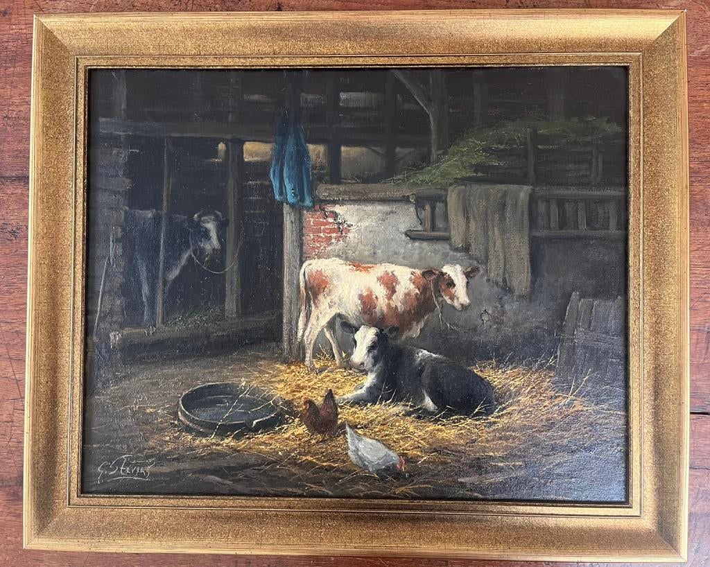 Schilderij G. Stevens Stalinterieur met koeien, Antiek en Kunst, Ophalen