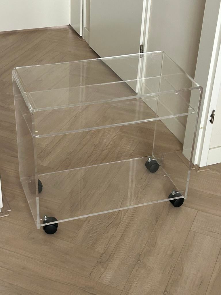 Vintage plexiglas bijzettafel - serveerwagen - trolley, Huis en Inrichting, Tafels | Bijzettafels, Ophalen, Gebruikt, Rechthoekig