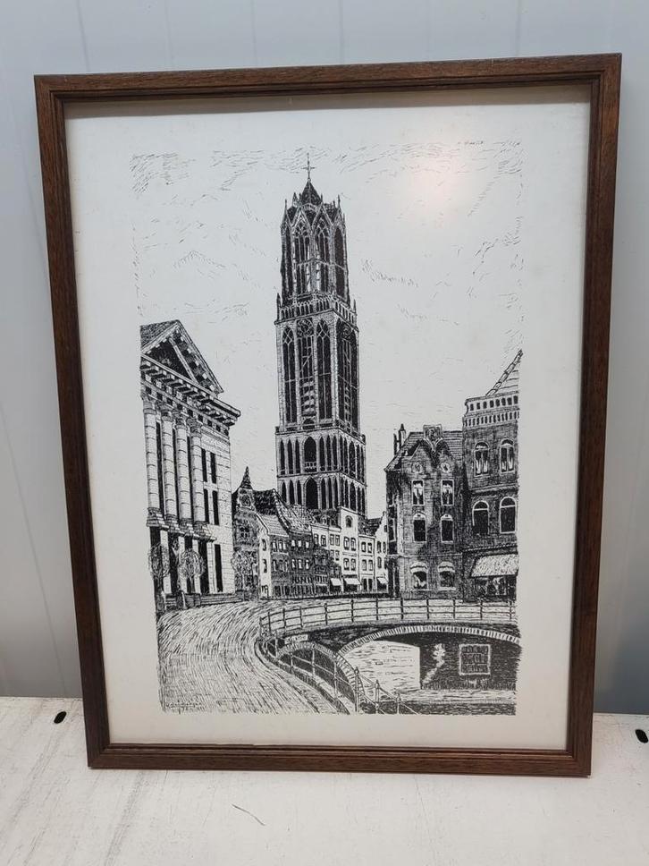 Ingelijste tekening Domtoren Utrecht, Antiek en Kunst, Kunst | Etsen en Gravures, Ophalen of Verzenden