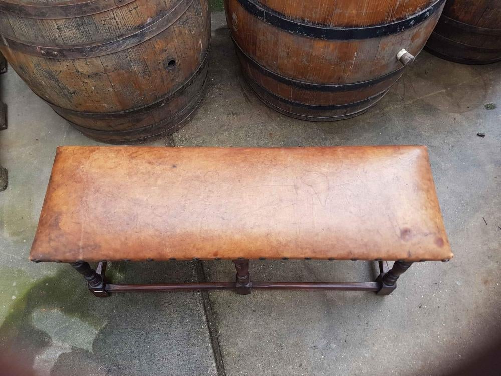 Toffe antieke bank met lederen top, bekleding., Ophalen, Gebruikt, ., Minder dan 75 cm