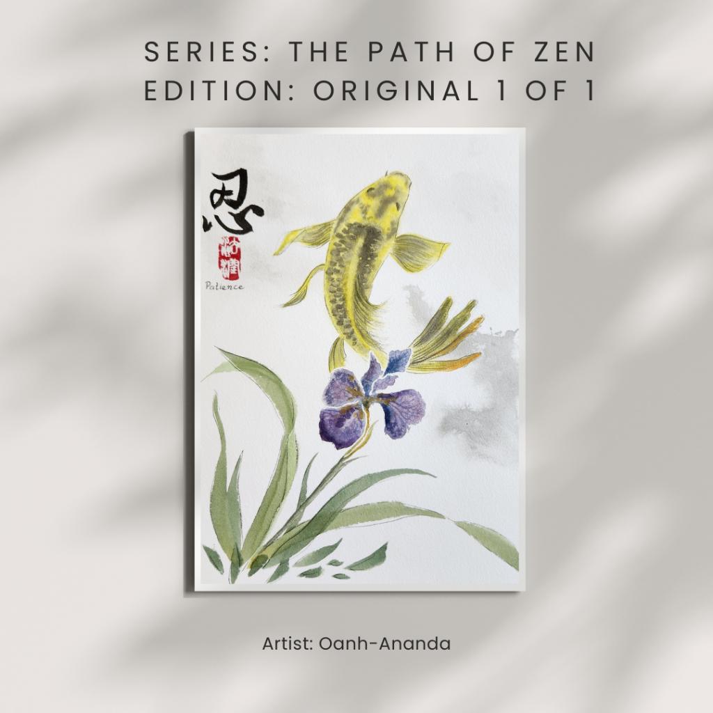 Origineel Aquarel Kois en Iris – "Geduld" (忍) Zen Serie, Verzenden, Nieuw, Waterverf
