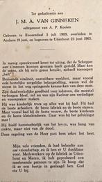 J.M.A.van Ginneken Roosendaal 1909, Verzamelen, Bidprentjes en Rouwkaarten, Ophalen of Verzenden