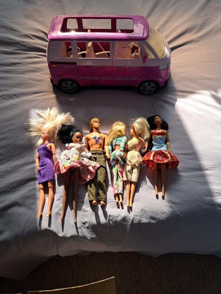 Doos Barbie's, kleertjes, paarden, bus. De prins(es) is weg., Ophalen of Verzenden, Gebruikt, Barbie