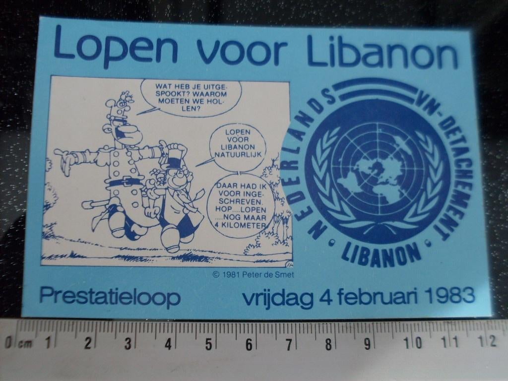 sticker lopen voor libanon 1983 Peter de Smet vn detachement, Verzamelen, Verzenden, Zo goed als nieuw, Bedrijf of Vereniging