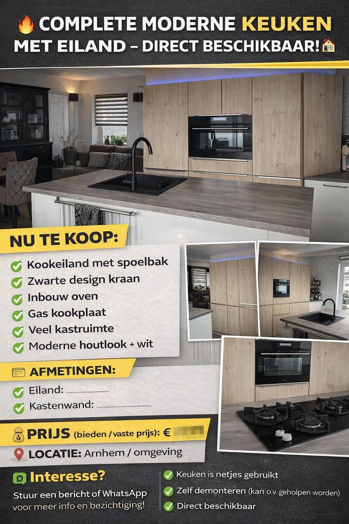 Moderne keuken met kookeiland en inbouwapparatuur, Ophalen, Gebruikt, Overige materialen, Wit
