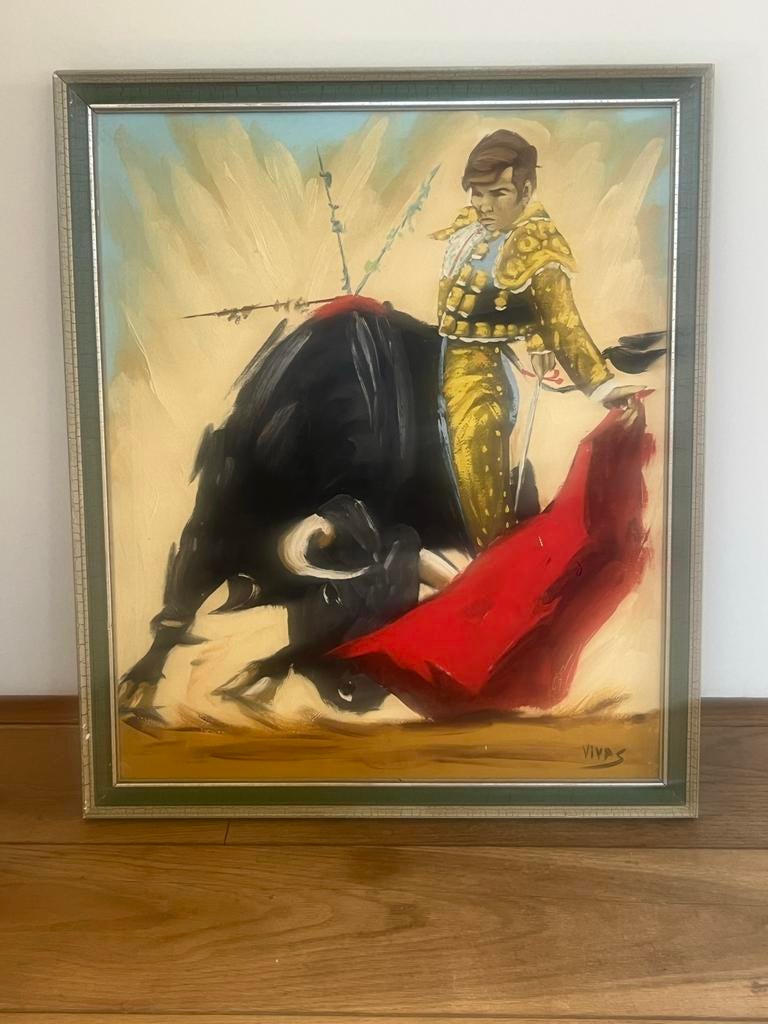 Schilderij Matador met stier, gesigneerd Vivas, Ophalen
