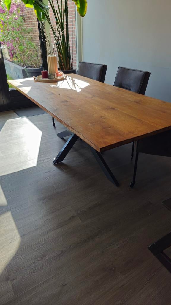 Tafel met stalen spinnenpoot - 216x98x75 cm, Overige houtsoorten, Gebruikt, 200 cm of meer, Vijf personen of meer