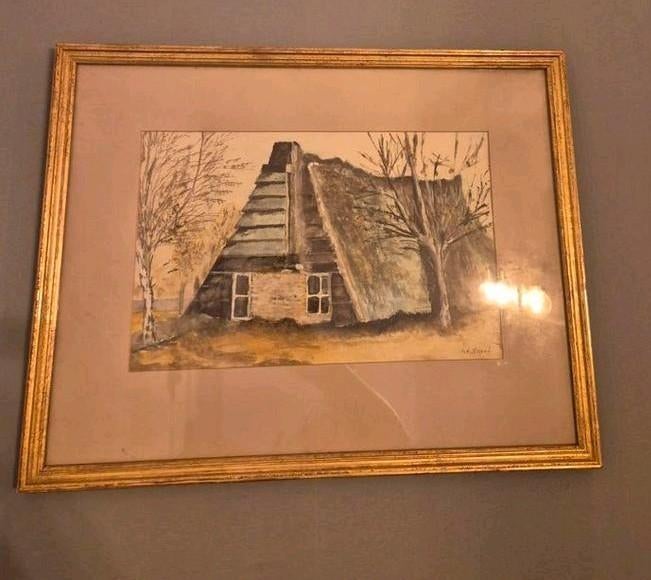 Aquarel Schilderij Drentse plaggenhut., Antiek en Kunst, Kunst | Schilderijen | Klassiek, Ophalen of Verzenden
