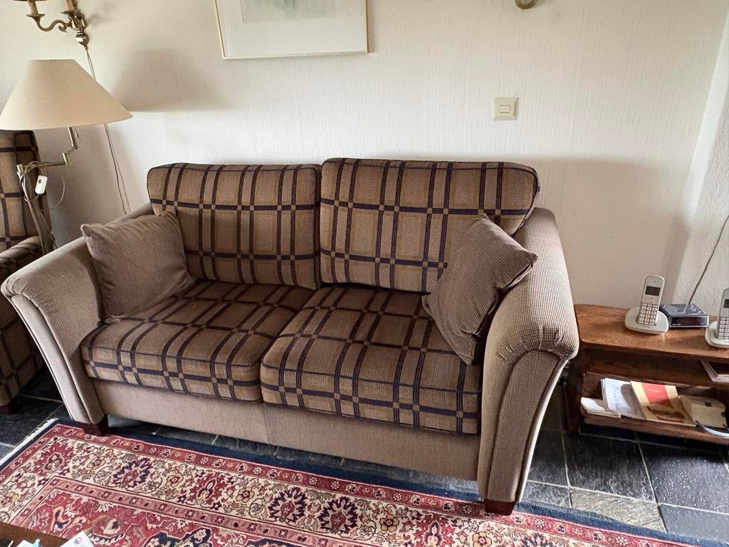 Comfortabele 2-zitsbank en 2 fauteuils met ruitpatroon, Ophalen, Gebruikt, 150 tot 200 cm, Tweepersoons