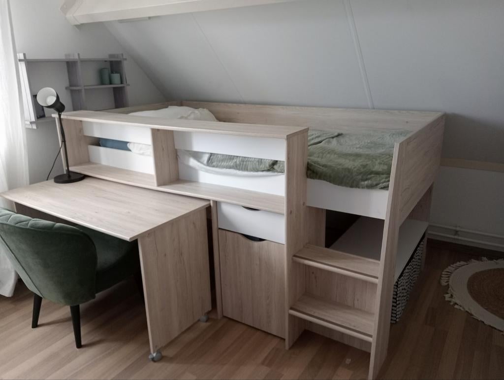 Halfhoogslaper + bureau eiken/wit, Ophalen, Zo goed als nieuw, Halfhoogslaper