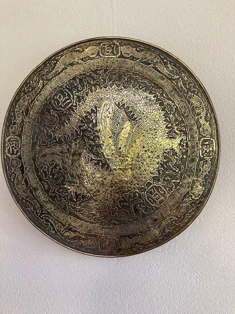 GELEEFD koperen tafelblad gevleugelde Yinglong draak China, Ophalen of Verzenden