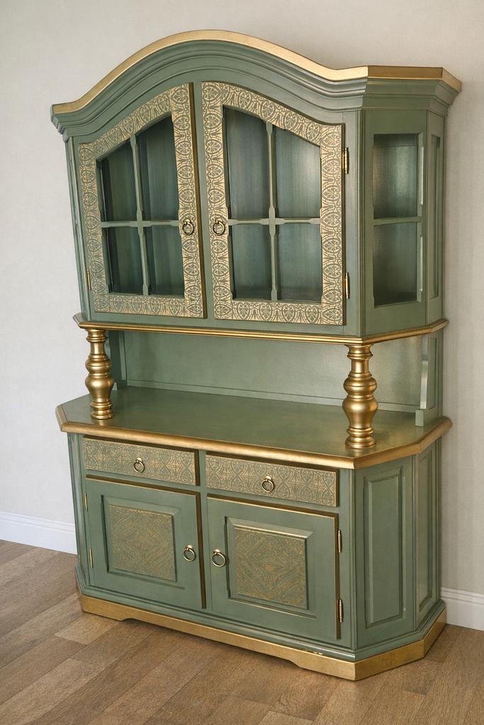 Unieke Groen-Gouden Servieskast met Sierlijke Details, Huis en Inrichting, Ophalen, Gebruikt, 100 tot 150 cm, Met lade(s)