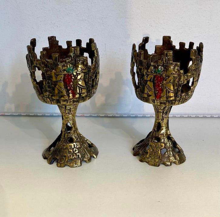 Set van 2 antieke koperen/bronzen kelken, 11 cm hoog, Ophalen of Verzenden, Koper of Brons