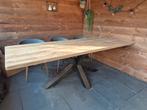 Massief eiken eettafel met stalen spinnenpoot, Ophalen, Gebruikt, 100 tot 150 cm, Eikenhout