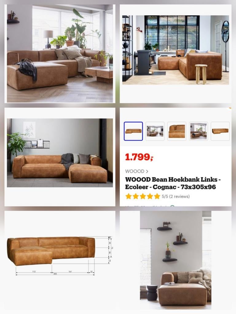 WOOOD Bean hoekbank (links) cognac, Ophalen