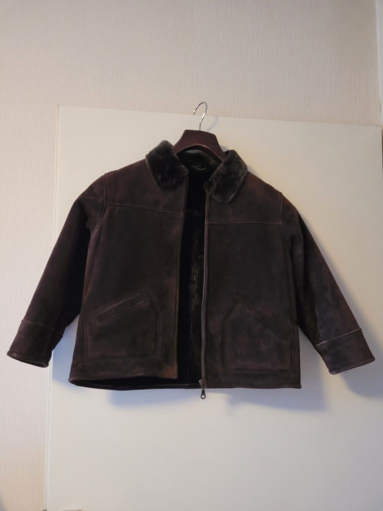 Bruine leren jas met bontkraag, maat 140, Ophalen of Verzenden, Gebruikt, Jongen of Meisje, Jas