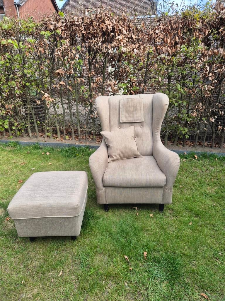Fauteuil met bijpassende poef, Ophalen, Gebruikt, 75 tot 100 cm, 50 tot 75 cm