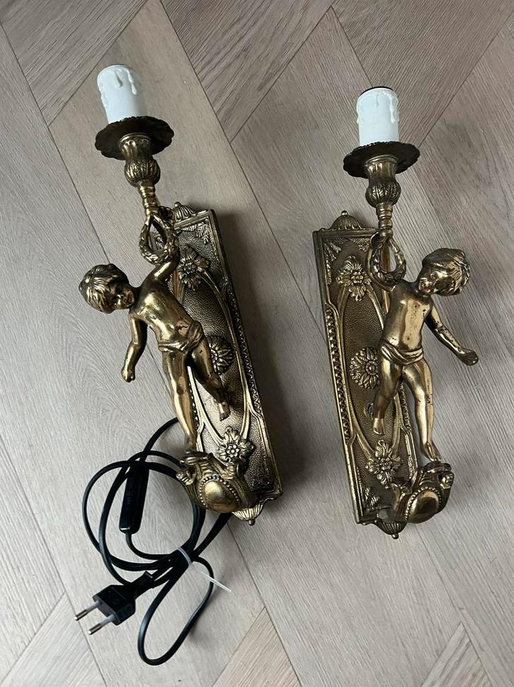 Franse engelenwandlampen met cherubijnen, jaren 20, set van, Huis en Inrichting, Lampen | Wandlampen, Gebruikt, Metaal, Ophalen of Verzenden