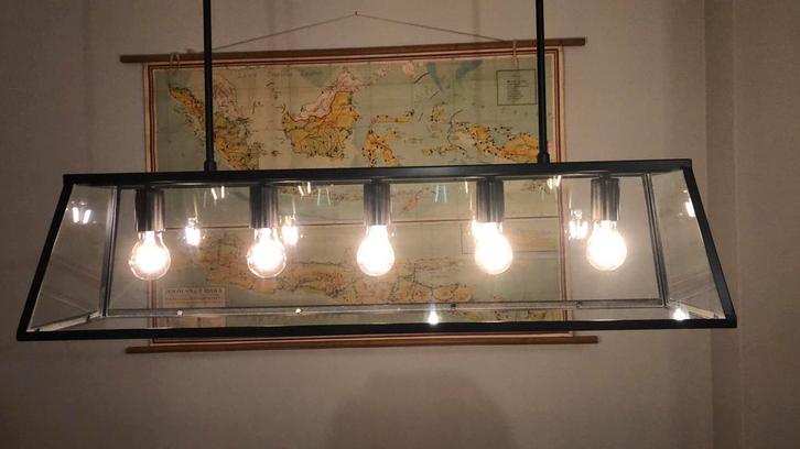 Hanglamp, industriëel, stoer, zwart metaal met glas, Huis en Inrichting, Lampen | Hanglampen, Zo goed als nieuw, 75 cm of meer