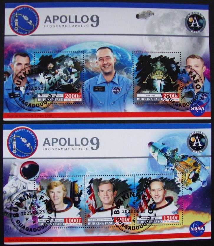 - 420 - 2 Blokken met Amerikaanse Ruimtevaart, "Apollo 9"., Postzegels en Munten, Postzegels | Thematische zegels, Gestempeld