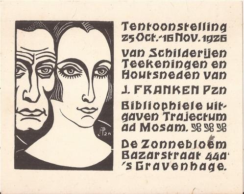 Kaart tentoonst. J. Franken Pzn.1926 'sGravenhage Houtsnede, Antiek en Kunst, Kunst | Etsen en Gravures, Ophalen of Verzenden