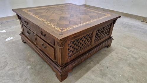 Houten mozaïek salontafel met 3 lades, Huis en Inrichting, Tafels | Salontafels, Gebruikt, 50 tot 75 cm, 100 tot 150 cm, 100 tot 150 cm