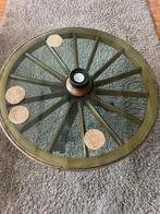 Karrewiel salontafel met glasplaat, Huis en Inrichting, Ophalen, Rond, 50 tot 100 cm, Landelijk