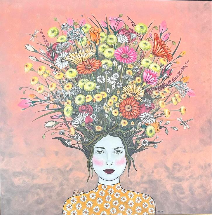 Bloemen in Gedachte - Kunstwerk 70x70cm, Antiek en Kunst, Kunst | Schilderijen | Klassiek, Ophalen