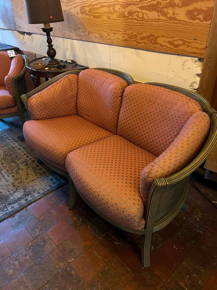 Tweezitsbank met Fauteuil - Groen & Roze - ZGAN, Antiek en Kunst, Antiek | Meubels | Stoelen en Banken, Ophalen