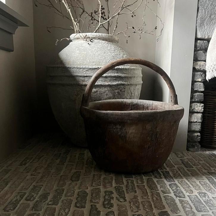 Authentieke mand plukmand Puur Wonen, Huis en Inrichting, Woonaccessoires | Schalen en Manden, Zo goed als nieuw, Rond, Riet, Ophalen of Verzenden