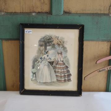 Oude lijst afbeelding 2 dames in kleur 34 x 38,5 cm beschikbaar voor biedingen
