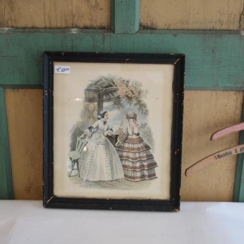 Oude lijst afbeelding 2 dames in kleur 34 x 38,5 cm, Huis en Inrichting, Woonaccessoires | Schilderijen, Tekeningen en Foto's