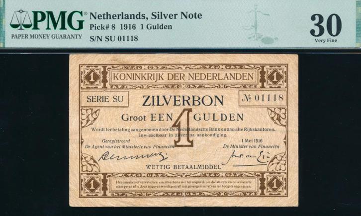 PMG: 1 Gulden 1916 ‘Zilverbon’ - SU01118, Postzegels en Munten, Bankbiljetten | Nederland, Los biljet, 1 gulden, Ophalen of Verzenden