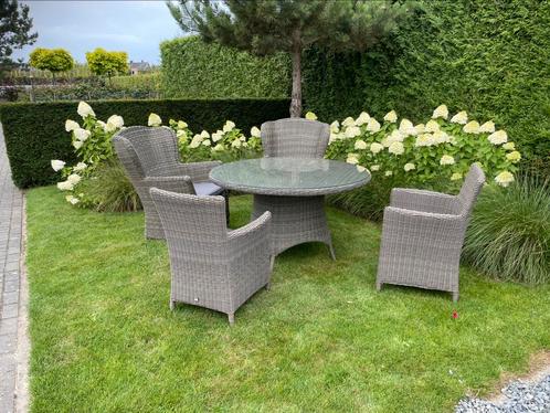 Prachtige tuinset met ronde tafel, Tuin en Terras, Tuinsets en Loungesets, Zo goed als nieuw, Tuinset, Rotan, 4 zitplaatsen, Eettafel