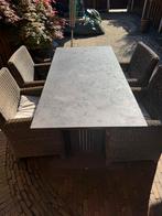 Natuursteen (Blue Moon) buitentafel + 4 Cyprus dining chairs, Ophalen, Gebruikt, 6 zitplaatsen, Tuinset