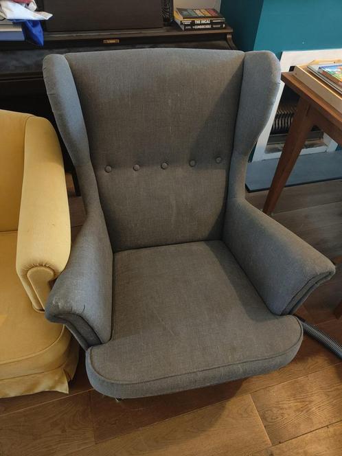 Grijs/blauw IKEA strandmon// Grey/blue IKEA armchair, Huis en Inrichting, Fauteuils, Gebruikt, Stof, Ophalen