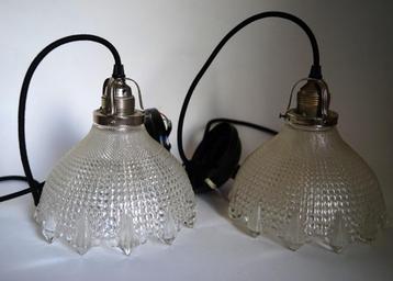 duo vintage antiek holophane hanglamp glas zwart stof snoer beschikbaar voor biedingen