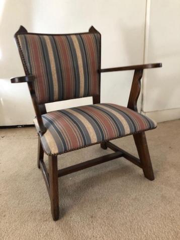 Vintage fauteuiltje, eikenhout met streepstof   1950  beschikbaar voor biedingen
