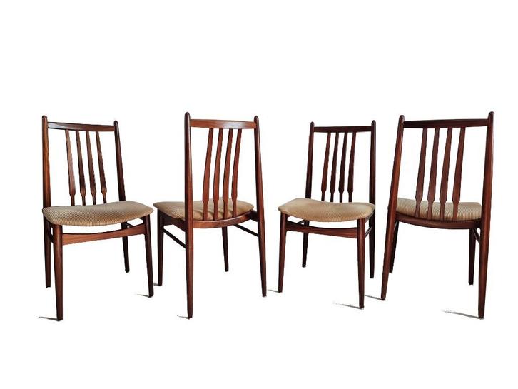 Schitterende vintage Scandinavische teak design stoelen, Huis en Inrichting, Stoelen, Gebruikt, Vier, Hout, Stof, Bruin, Ophalen