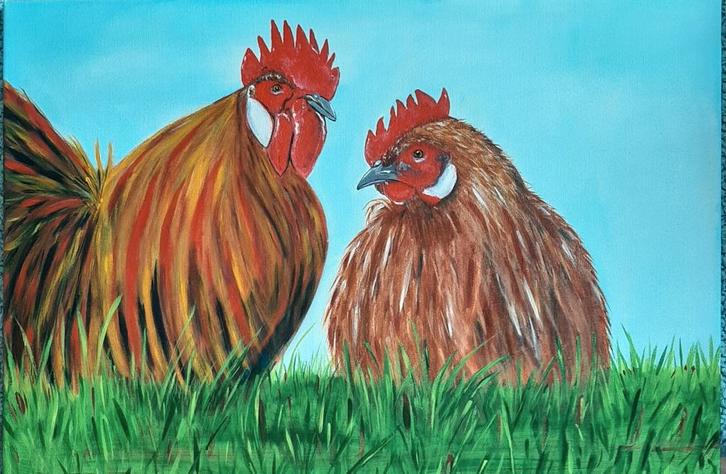 Schilderij Kip en Haan in mooie tinten acryl op canvas, Antiek en Kunst, Kunst | Schilderijen | Modern, Ophalen of Verzenden