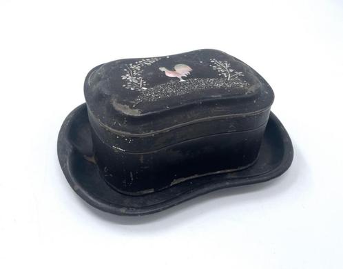 Blik met parelmoer en onderschotel, Antiek en Kunst, Curiosa en Brocante, Verzenden
