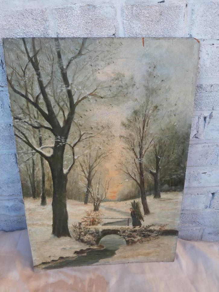 Schilderij, Aquarel, Winterlandschap, P.J. Bakker; olieverf, Antiek en Kunst, Kunst | Schilderijen | Klassiek, Ophalen